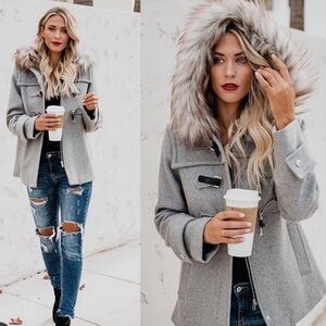 Vici Light Gray Wool-Blend Pea Coat with Faux Fur Hood